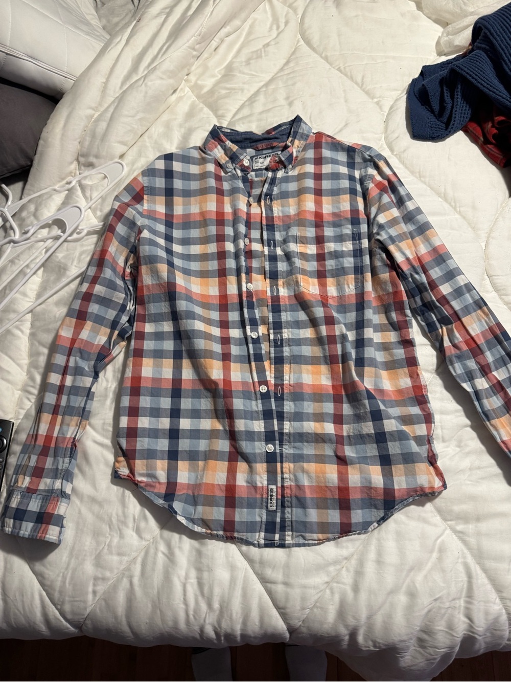 Express Men's Plaid Button-Down Shirt - Blue, Orange & Cream